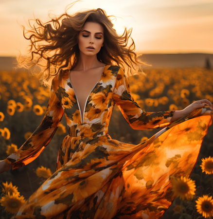 Beautiful woman in a field of sunflowers at sunset.の素材