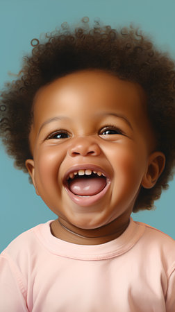 Funny african american little girl with curly hair on blue backgroundの素材