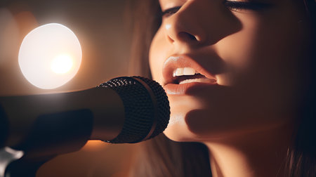 Closeup portrait of beautiful woman singing with microphone in the recording studioの素材