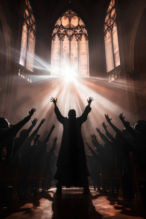 Silhouettes of people dancing in a church with rays of lightの素材