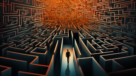Businessman standing in a middle of a maze. Vector illustration.の素材