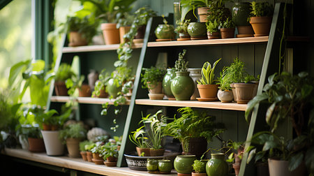 Plants in pots on a shelf in a flower shop. Gardening conceptの素材