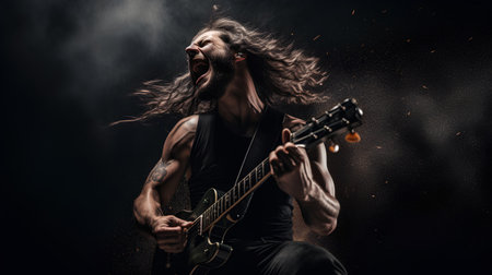 musician with long hair playing electric guitar on black background with smokeの素材