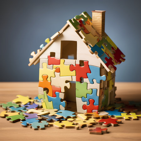 House made of colorful puzzle pieces on wooden table. Mortgage concept.の素材