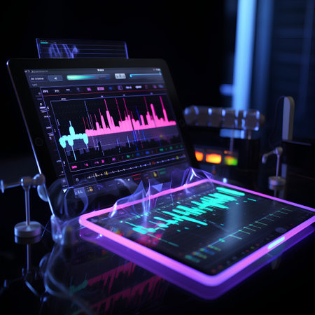 3d rendering of a tablet with stock market data on the screenの素材