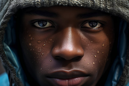 Close up portrait of a young African American boy wearing a hooded jacket.の素材