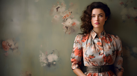 Portrait of a beautiful young brunette woman in a floral dress.の素材