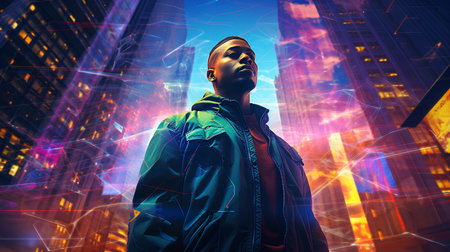 Portrait of a man in a futuristic city. 3d renderingの素材