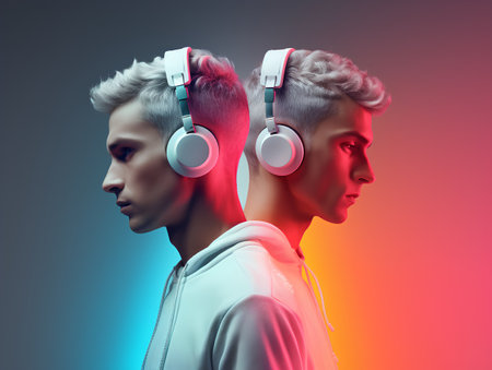 3d rendering of a young man and a woman with headphones.の素材
