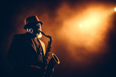 A jazz musician playing the saxophone on a dark background with smoke.の素材