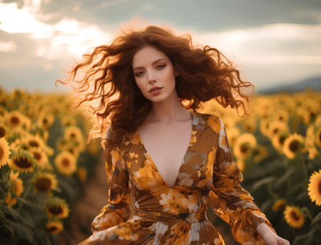 Beautiful young woman with long curly red hair in sunflower field.の素材