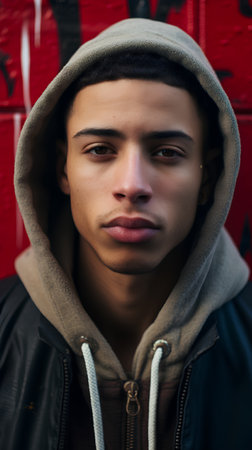 Portrait of a young man with a hood on his head.の素材