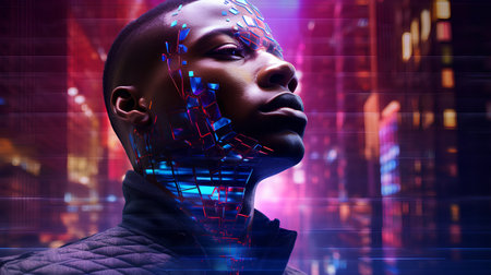 3d rendering of a female cyborg in front of a futuristic backgroundの素材