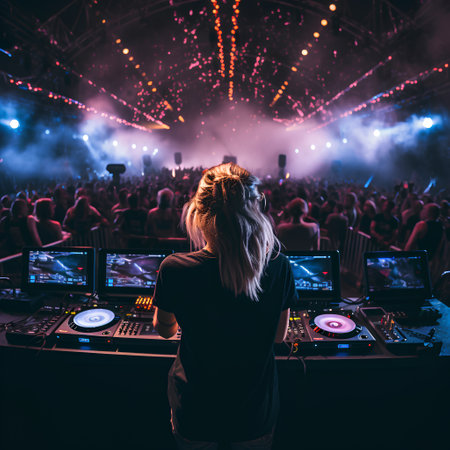 Back view of disc jockey standing in front of a crowd at a music festivalの素材