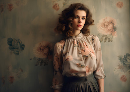 Portrait of a beautiful young woman in the room with flowers.の素材