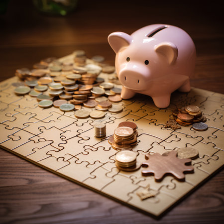 Piggy bank on jigsaw puzzle with coins on wooden backgroundの素材