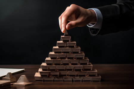 Businessman building pyramid of wooden cubes on dark background. Leadership conceptの素材