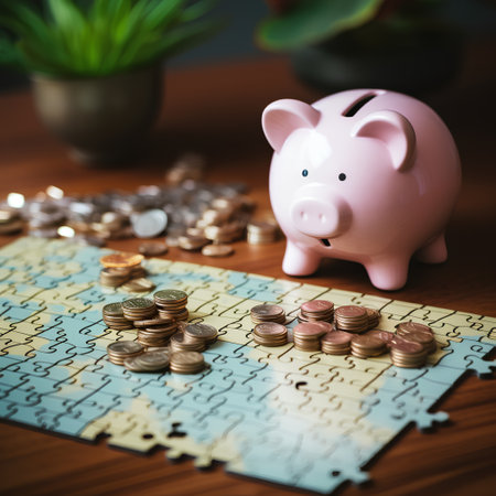 Piggy bank and coins on a jigsaw puzzle background.の素材