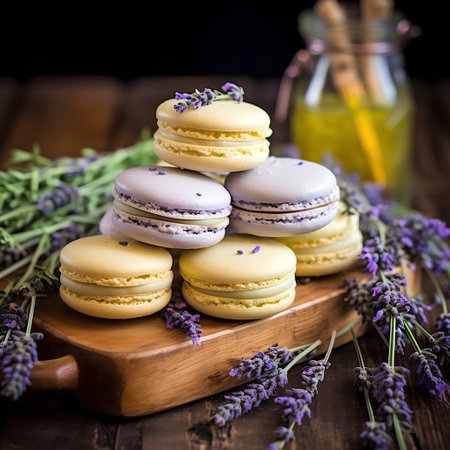 Macaroons with lavender flowers on wooden background, selective focusの素材