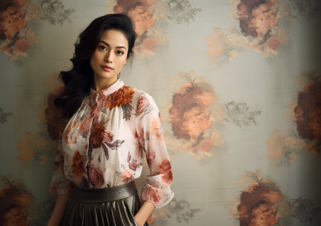 Portrait of a beautiful young brunette woman in a floral blouse and skirt.の素材