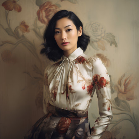 Beautiful asian woman in vintage dress posing at vintage wall.の素材