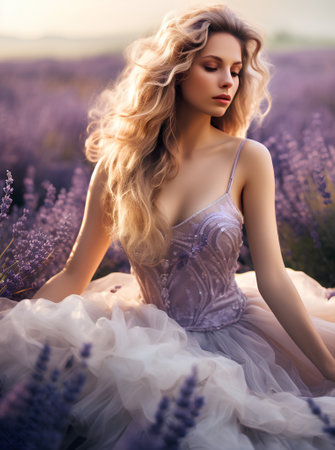 Beautiful young woman in a lavender field. Fashion and beauty.の素材