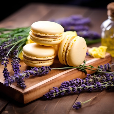 Lavender macarons on wooden table. Selective focusの素材