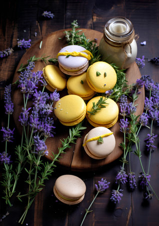 French macaroons and lavender flowers on dark wooden background.の素材