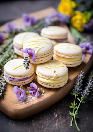 French macarons with lavender flowers on a wooden board.の素材