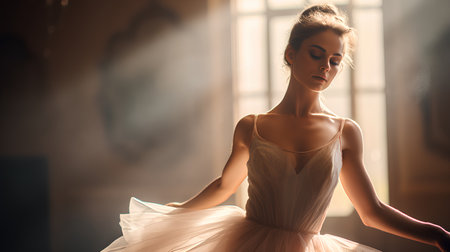 Portrait of a beautiful young ballerina in a white dress.の素材