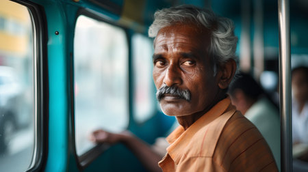 Old man in a train and looking at the camera. India.の素材