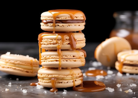 Tasty macaroons with caramel sauce on a black background.の素材