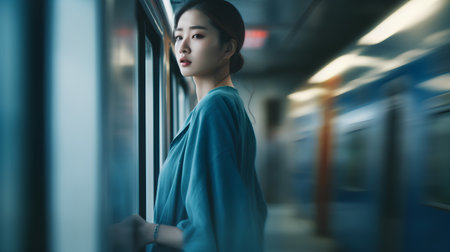 Beautiful asian woman looking through the window in a train stationの素材