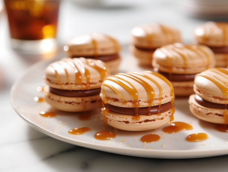 Tasty macarons with caramel on white plate, closeupの素材
