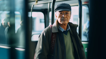 Portrait of an old man in a public transport. The old man is traveling by bus.の素材