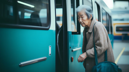 Asian senior woman waiting for train in public transportation. Vintage filter.の素材