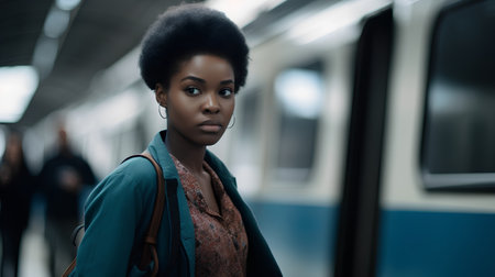 Young african american woman waiting for train in subway station.の素材