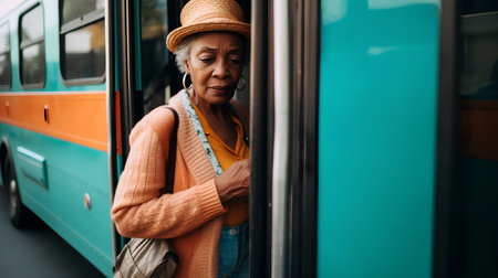 Portrait of an elderly woman in a hat standing in the busの素材