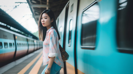 Beautiful young asian woman traveling by train and waiting for trainの素材
