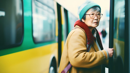 Asian senior woman in yellow coat and hat standing at bus stop.の素材