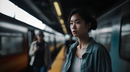 Portrait of a beautiful young Asian woman standing in a train stationの素材