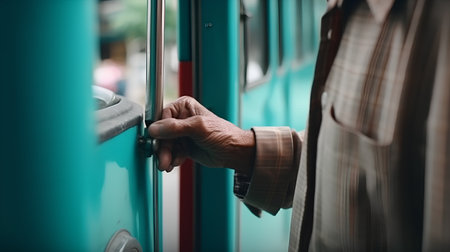 Hands of senior man in a public transport (color toned image)の素材