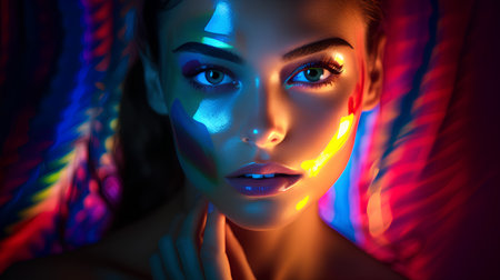 Portrait of a beautiful young woman with multicolored makeup.の素材