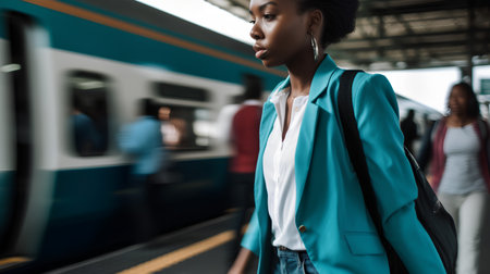 young african american woman in blue jacket with backpack at subway stationの素材