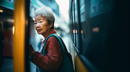 Senior Asian woman traveling by tram in Hong Kong, Hong Kong.の素材