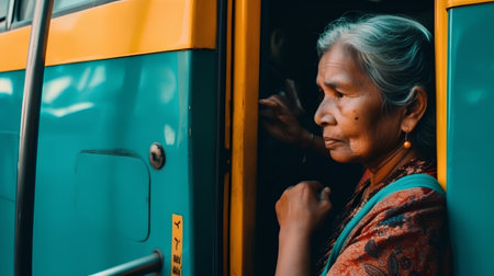 Portrait of an old Indian woman in a bus.の素材