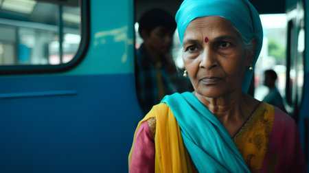 Old Indian woman in a public transport. India, Goa.の素材