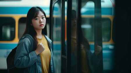 young beautiful and happy Asian Korean tourist woman with backpack waiting for train or tram at underground station in travel and transportation conceptの素材