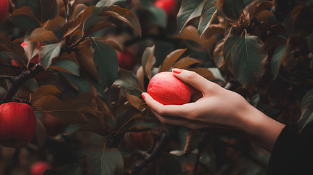 Red apple in the hands of a girl on a background of green leavesの素材