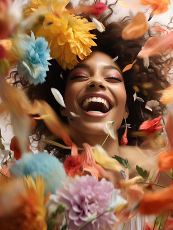 Fashion portrait of young african american woman with flowers.の素材